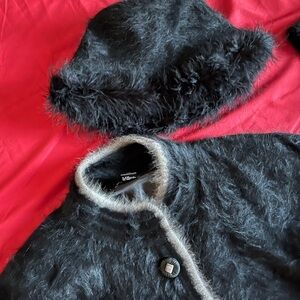 Angora Three piece set Black , Gray Women's Cardigan Hat , Scarf